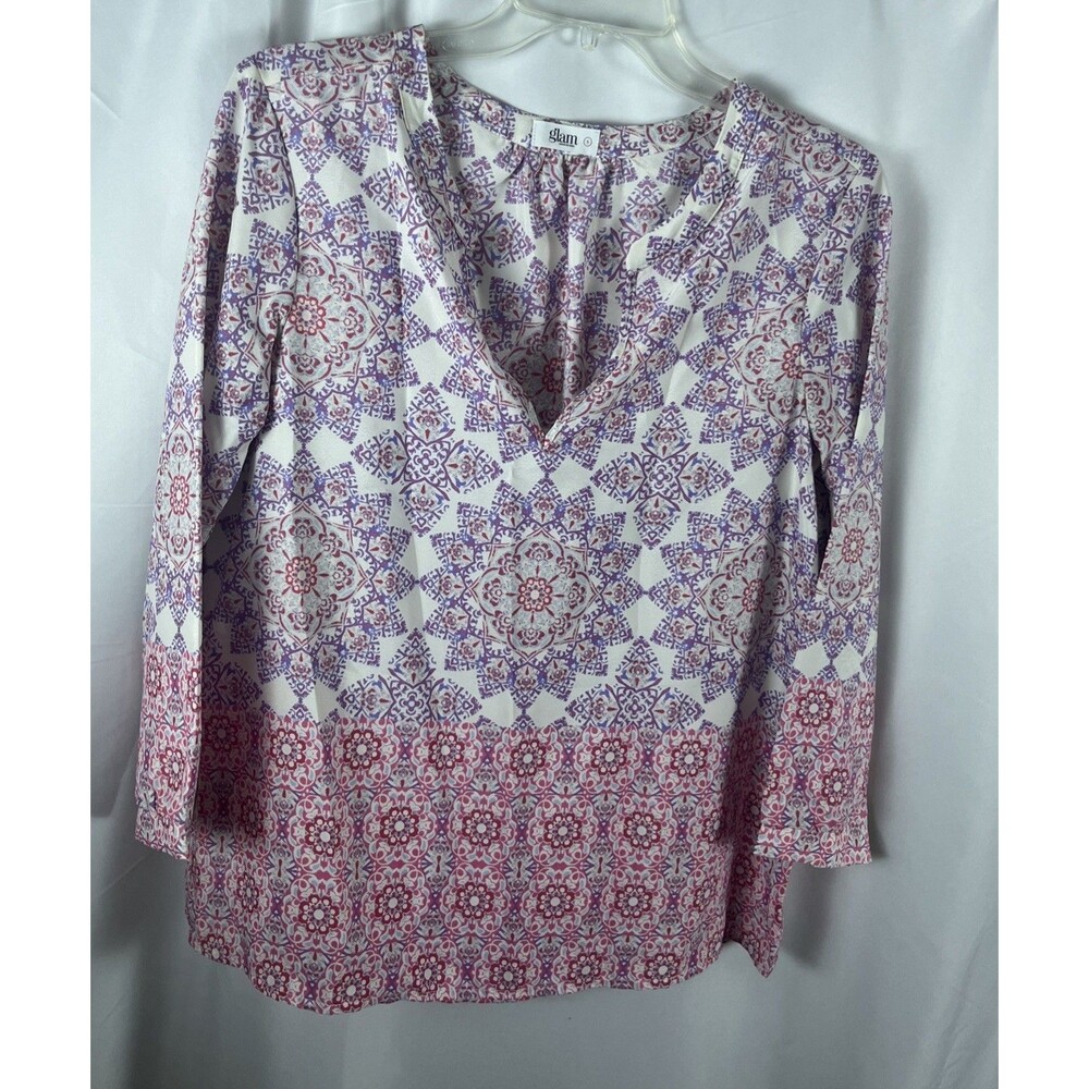 Glam Pink Indian Women Blouse Resort Size Small Relax Fit V-neck Long Sleeves